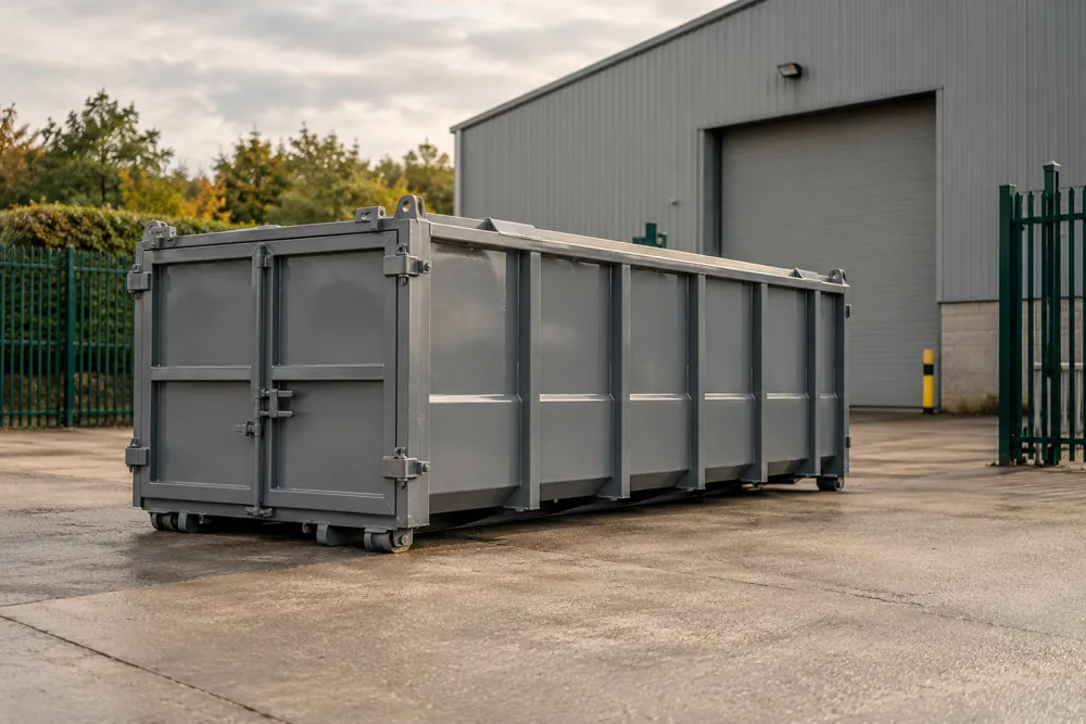 Secure enclosed waste container beside a commercial warehouse