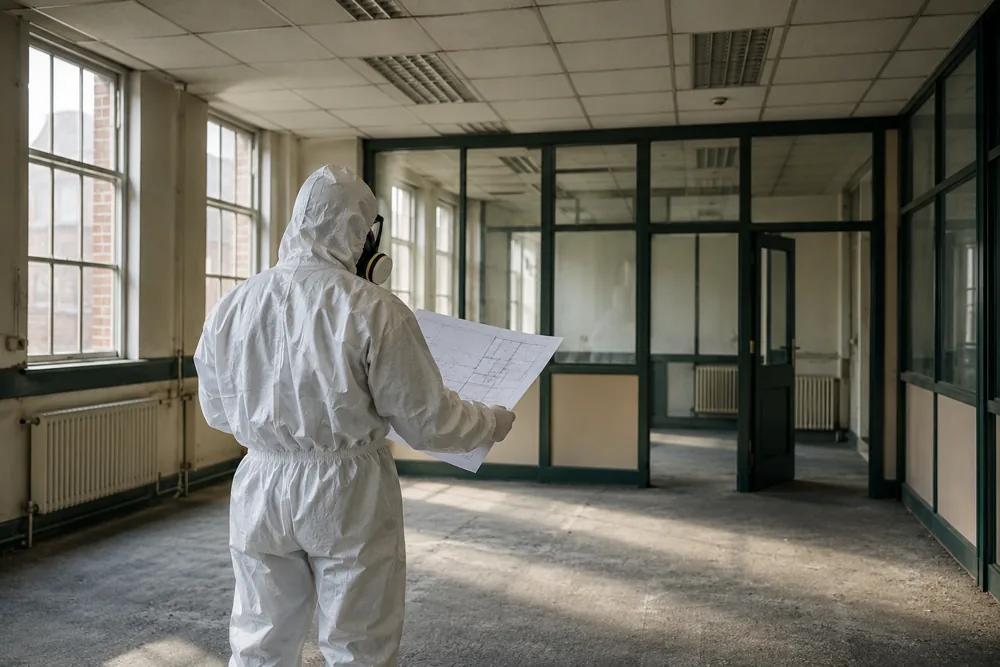 Surveyor assessing an older commercial interior before refurbishment